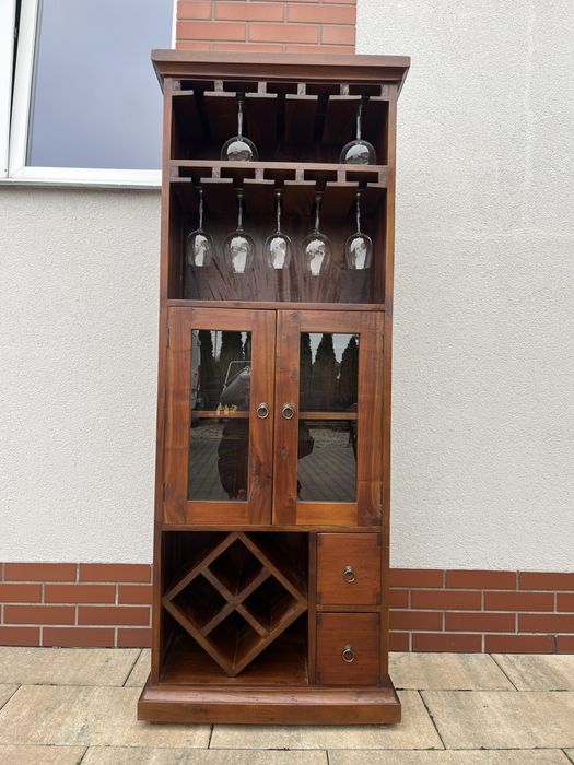 Tekowy regał z półkami na wino, winarka - kolonialne meble indyjskie