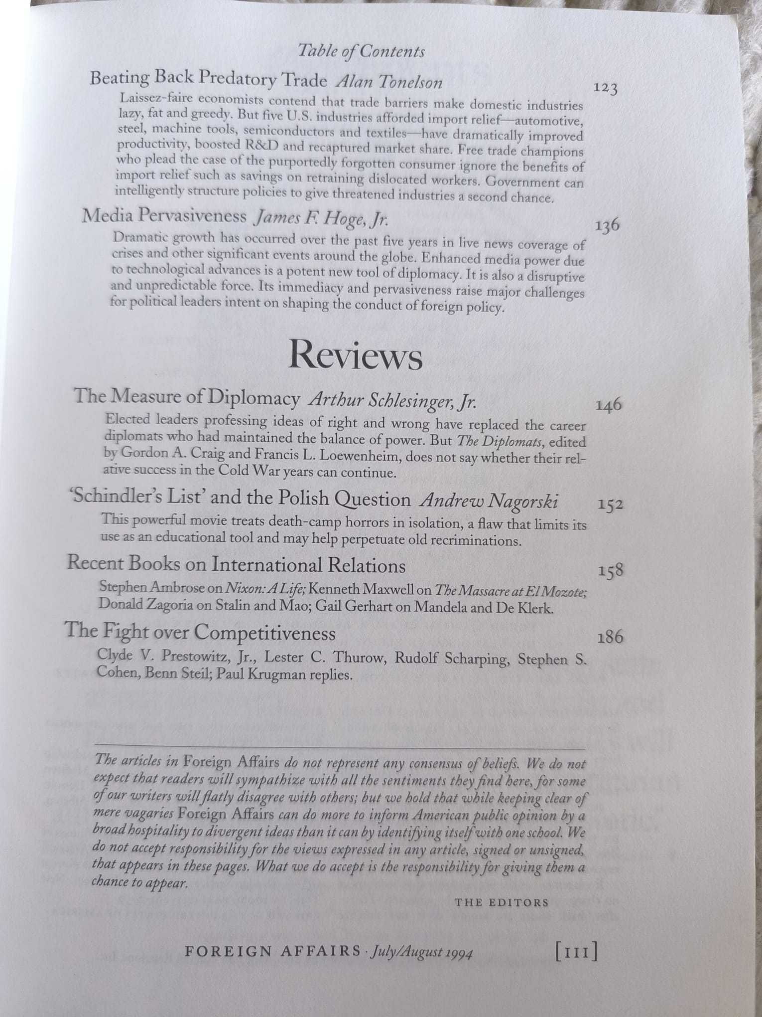 Revista "Foreign Affairs" July/August 1994 Volume 73, Number 4