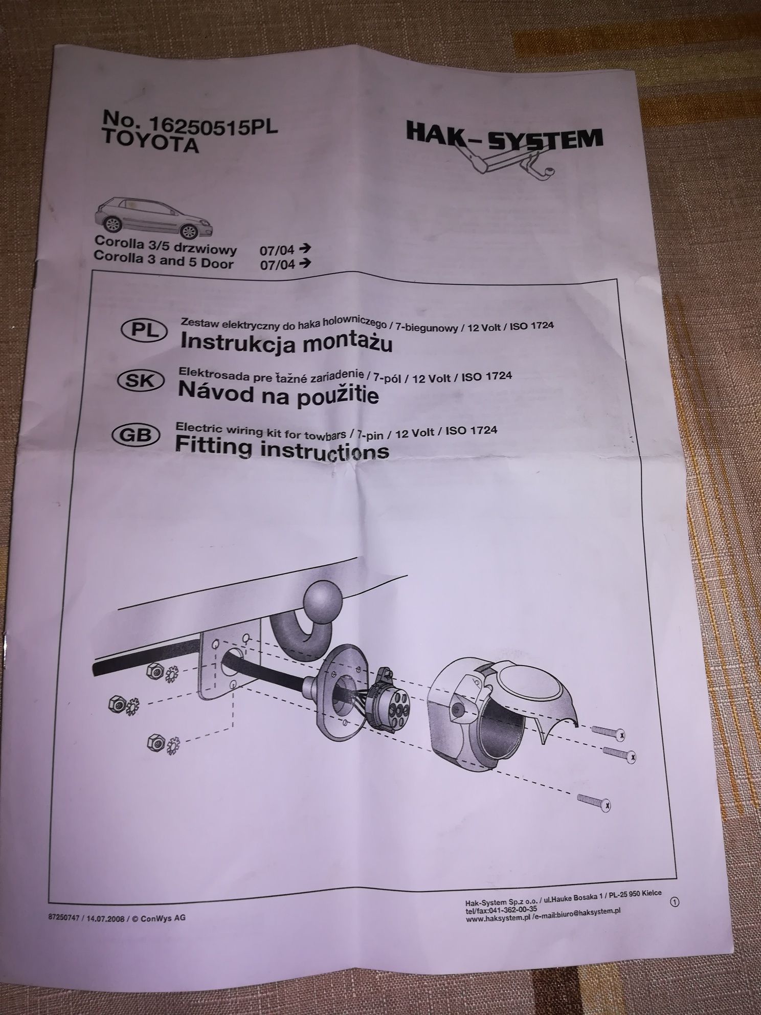Wiązka haka holowniczego dedykowana Corolla 3/5 drzwiowy od 2004r