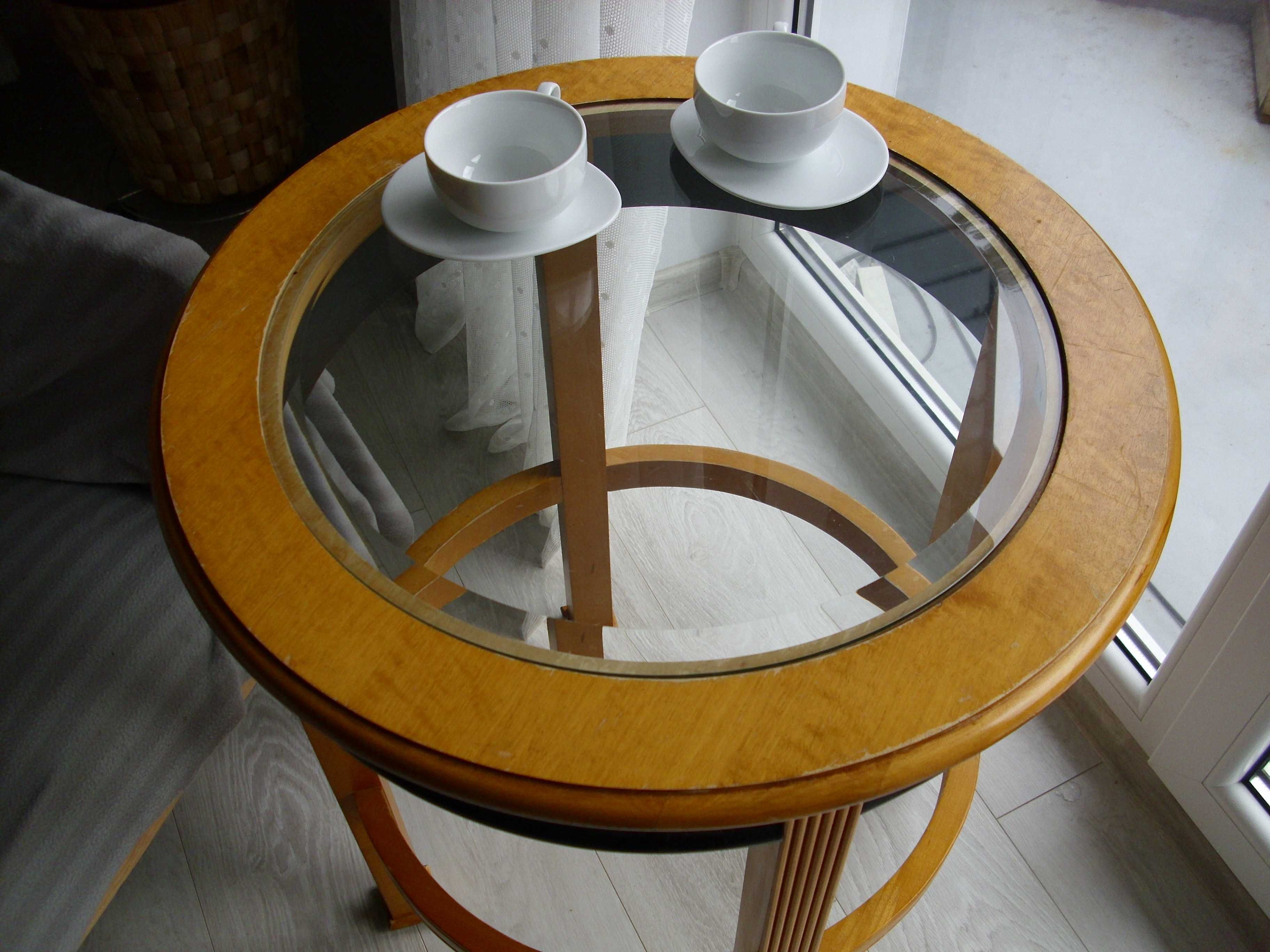 Stolik okrągły kawowy lite drewno szklany blat 8 szt.