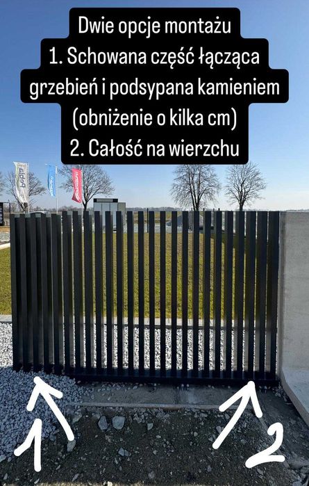 Ogrodzenie palisadowe, grzebieniowe, betonowe przęsła furtki multibox
