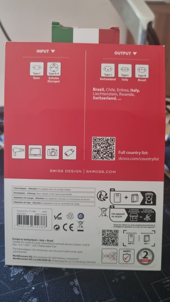 Adapter podróżny Brazylia, Chile, Włochy, Erytrea, Szwajcaria Typ JNL