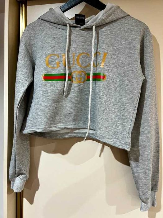 Szara krótka bluza z kapturem GUCCI logo