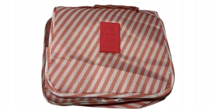 Damska różowa kosmetyczka podróżna paski z wieszaczkiem