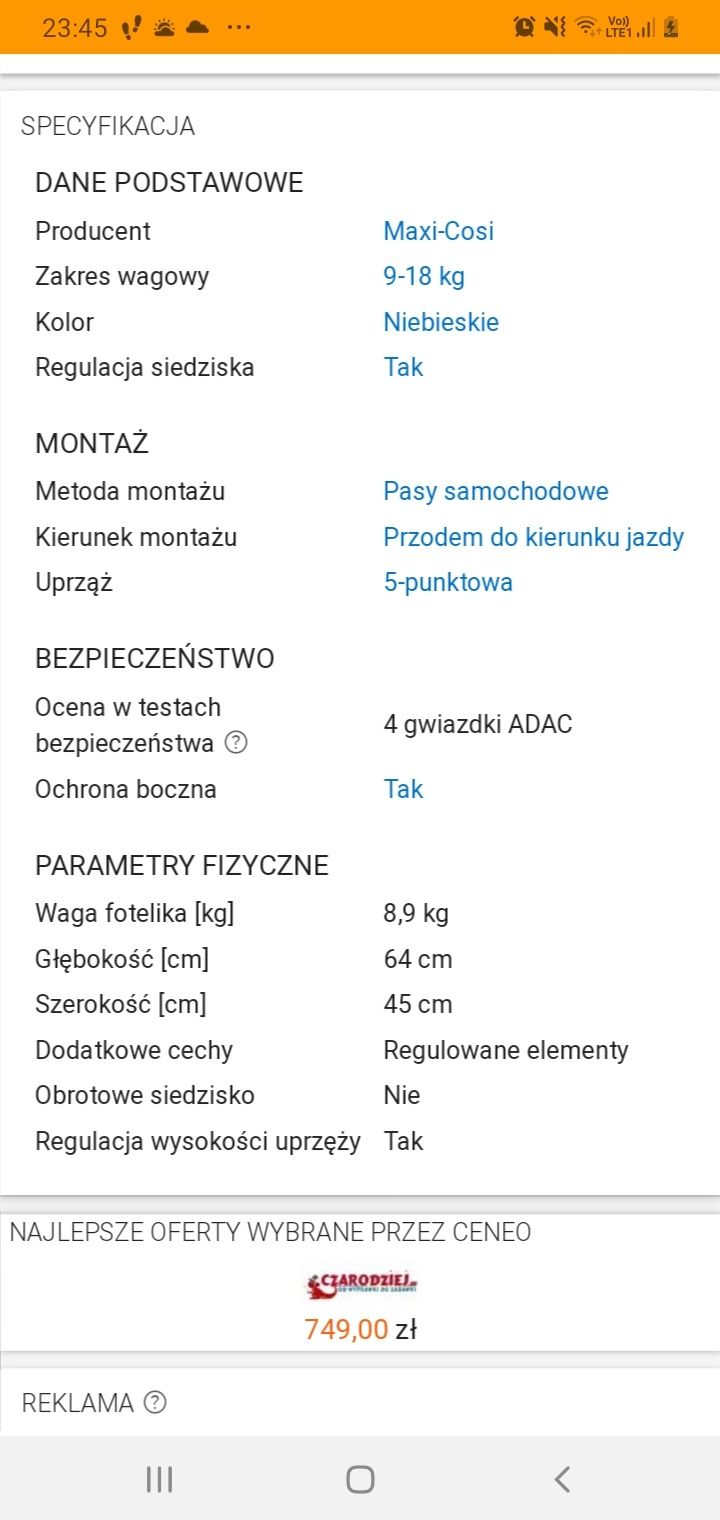 Fotelik Maxi Cosi Tobi 4 gwiazdki ADAC 9-18 kg