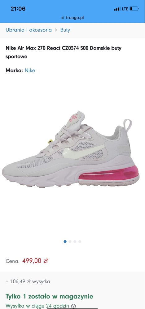 Przesliczne buty mega wygodne Nike 270 react air max rozm 38,5 rozowe