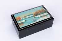 Szkatułka drewniana Rosja laka ręcznie malowana pudełko vintage obraz