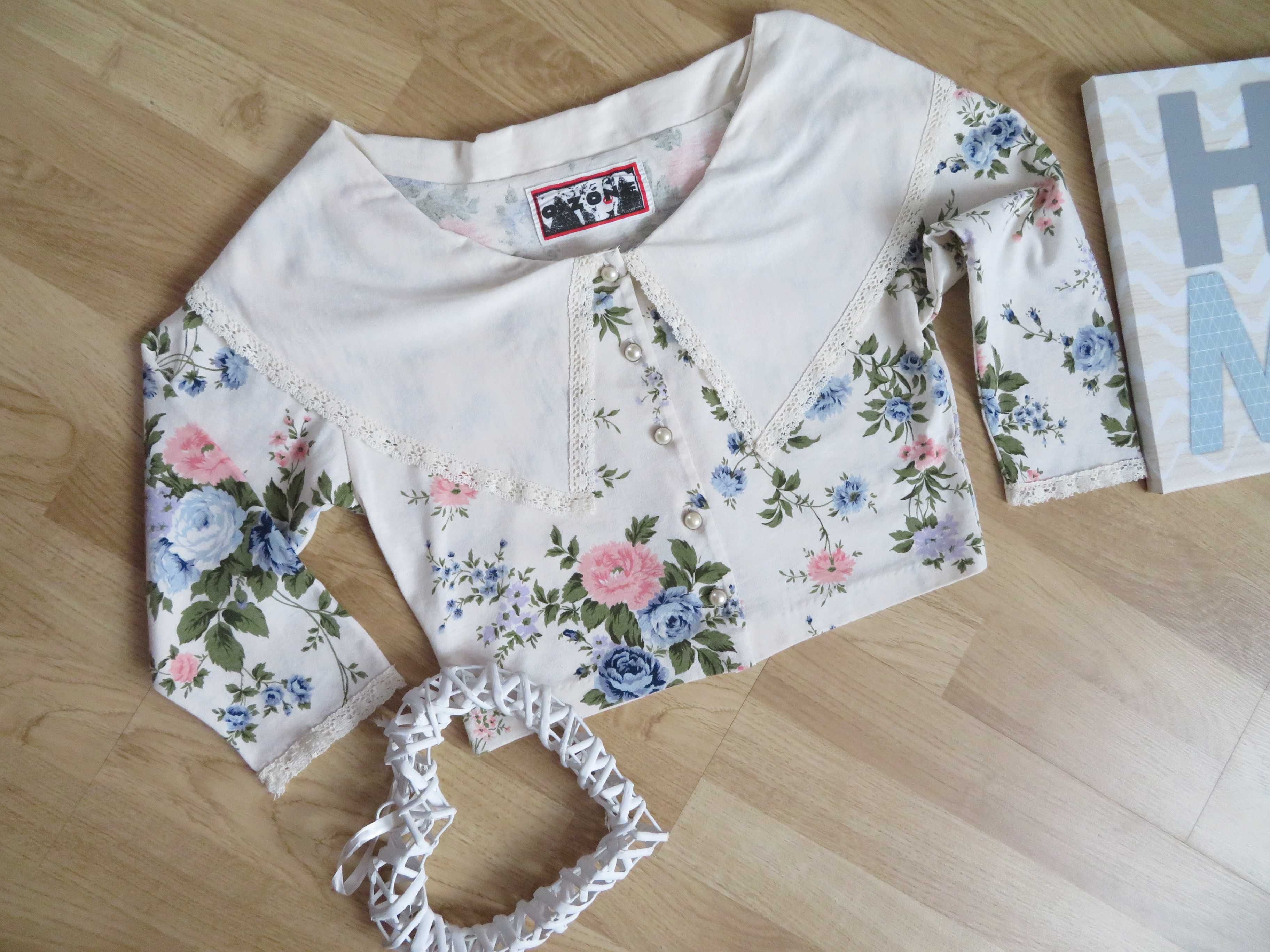 OZONE Vintage crop top damski w kwiaty bluzka kołnierzyk,  BDB, (36) S