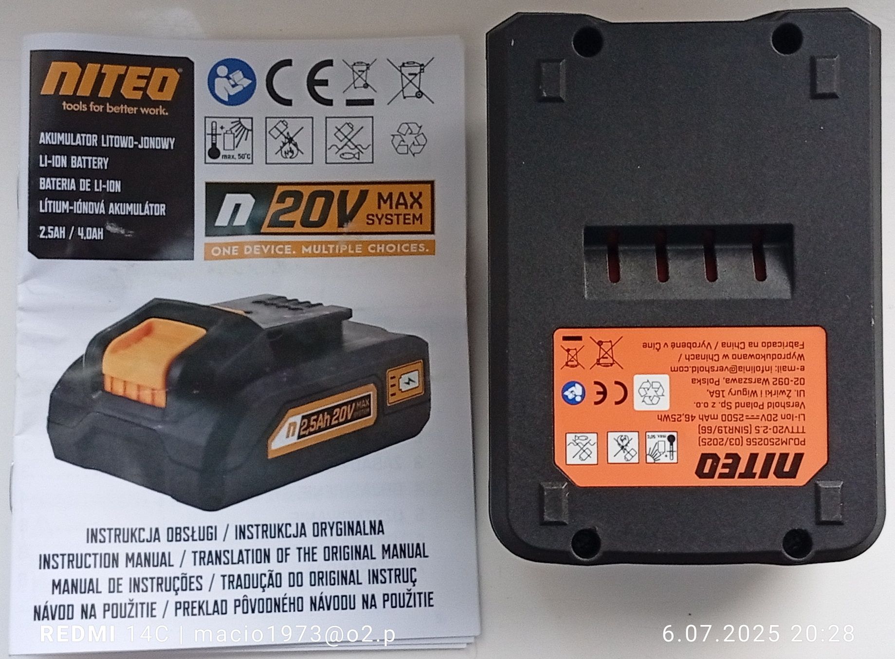 Akumulator litowo-jonowy NITEO Tools 20V Max  2,5 Ah
