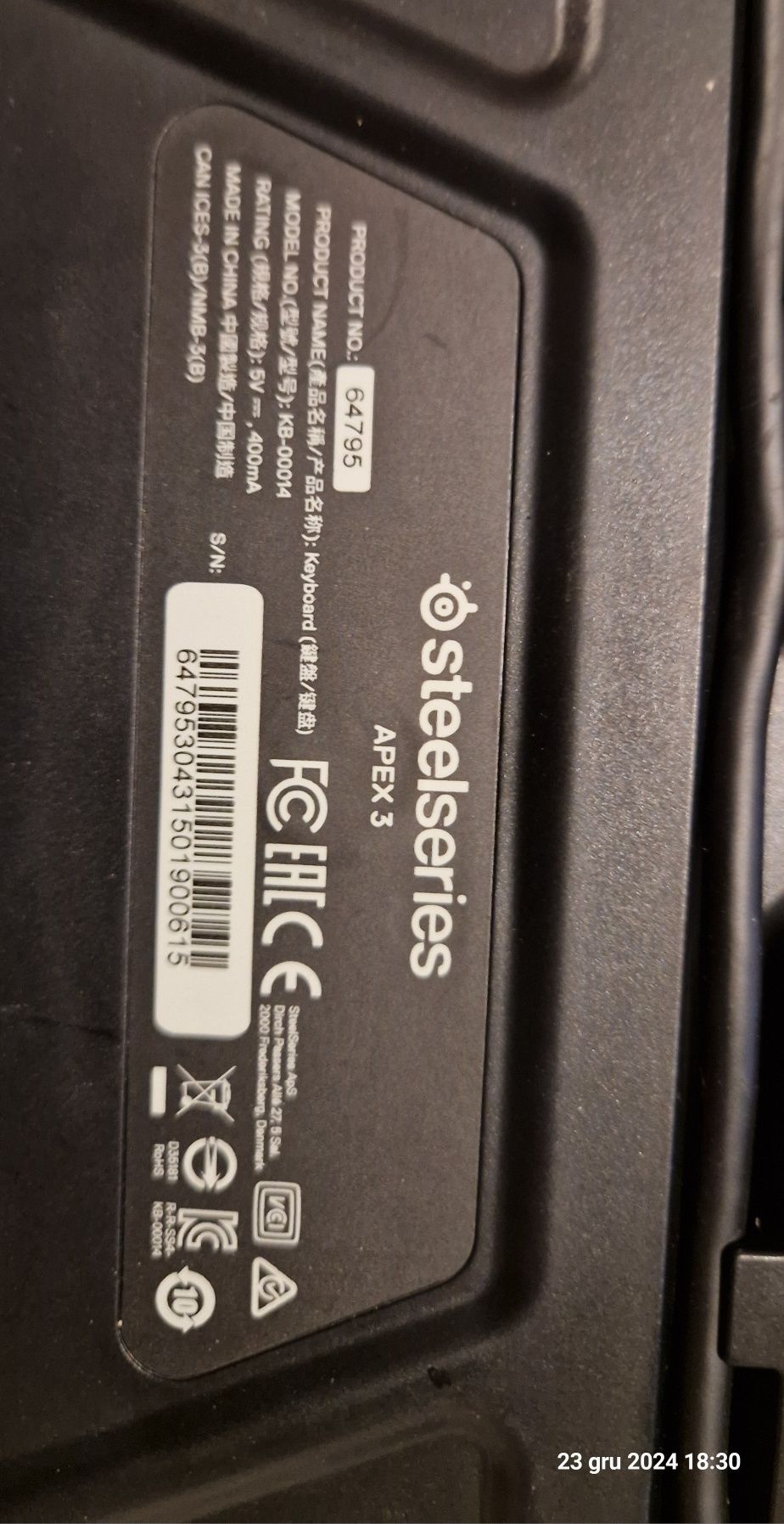 Klawiatura gamingowa steelseries apex 3