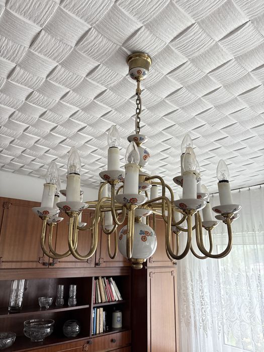Parcelanowy Żyrandol mosieżny
