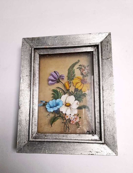 Quadro Antigo Pintura Flores em Vidro sobreposto Vintage pintado à mão