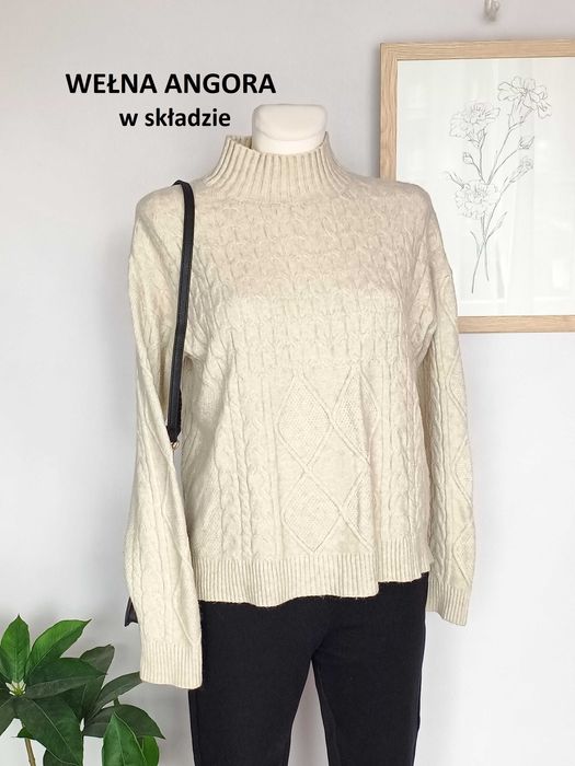 Nowy beżowy kremowy sweter z warkoczem wełna angora damski 40 L 42 XL