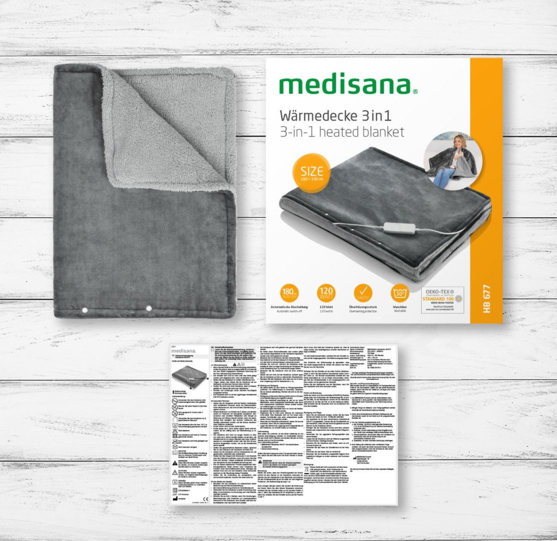 Medisana Koc elektryczny 3-w-1 HB 677, 1,6x1,3 m, szary 120W