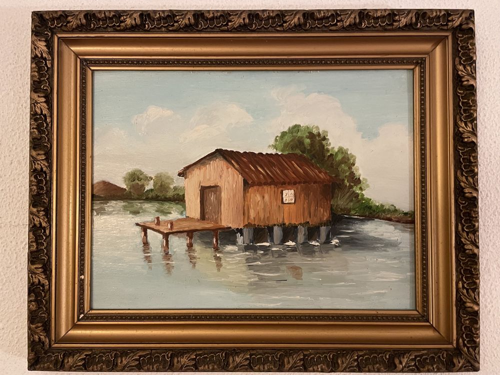 Quadro a óleo com casa e lago