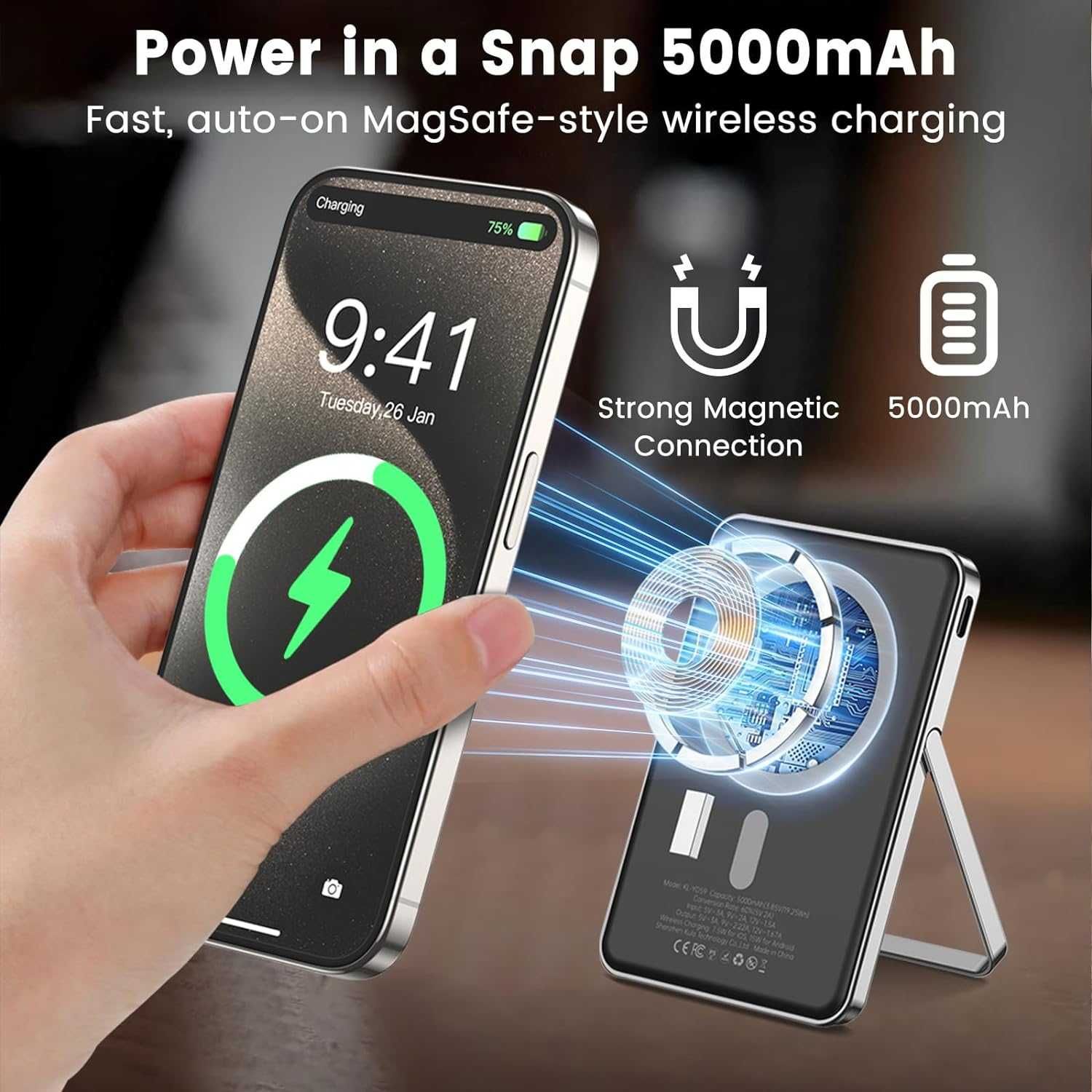 Magnetyczny power bank z portfelem/podstawką 5000 mAh, Slim do  iPhone