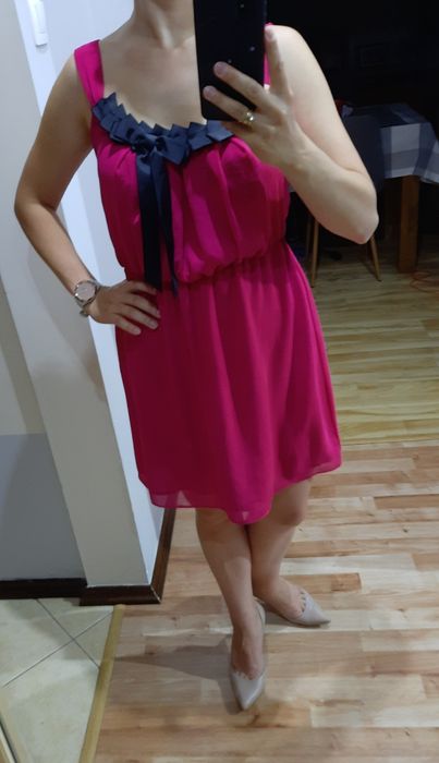 Różowa sukienka rozmiar S M 36 38 czarna wstążką