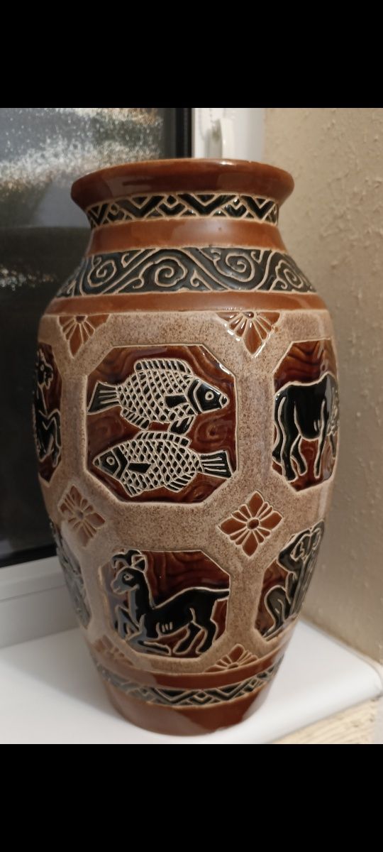 Stary duży wazon zodiac ceramika szkliwiona ręcznie robiony zodiaku