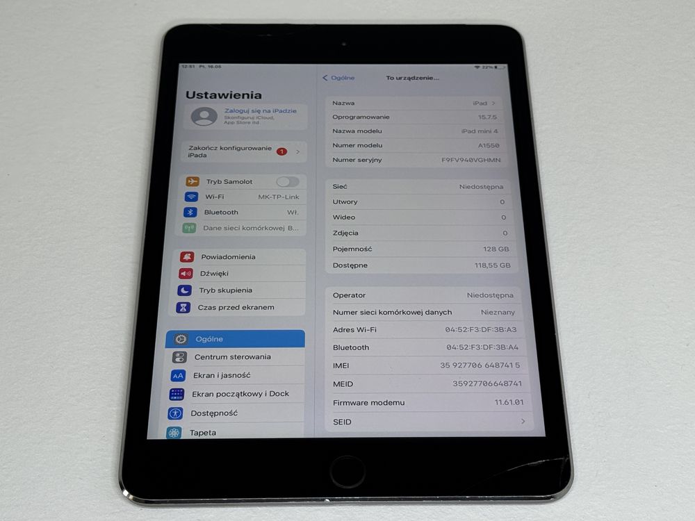 iPad mini 4 128GB (A1550) - Cellular (LTE) - wada - faktura VAT 23%
