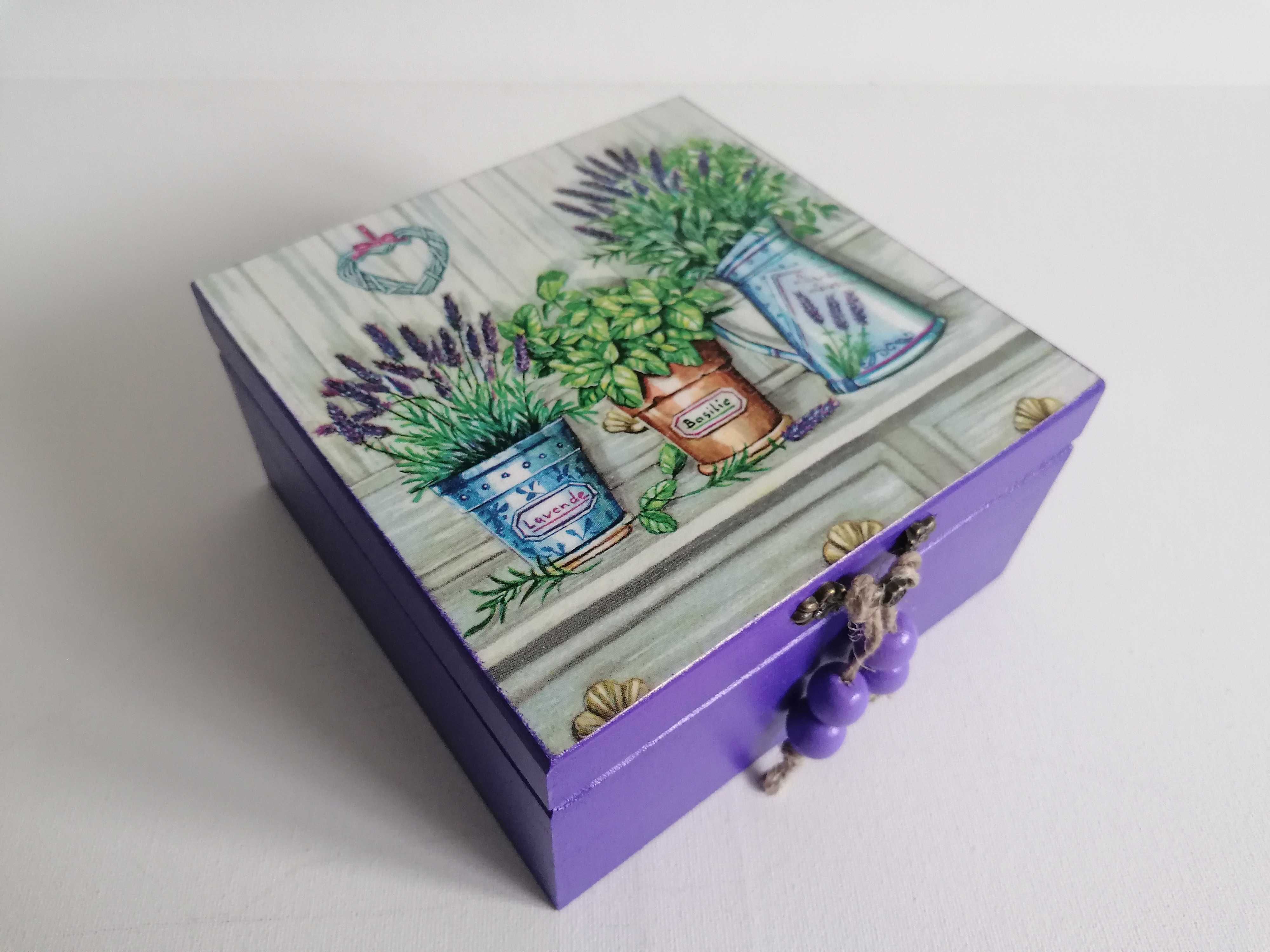 Pudełko, kasetka na biżuterię/herbatę LAWENDA (decoupage)