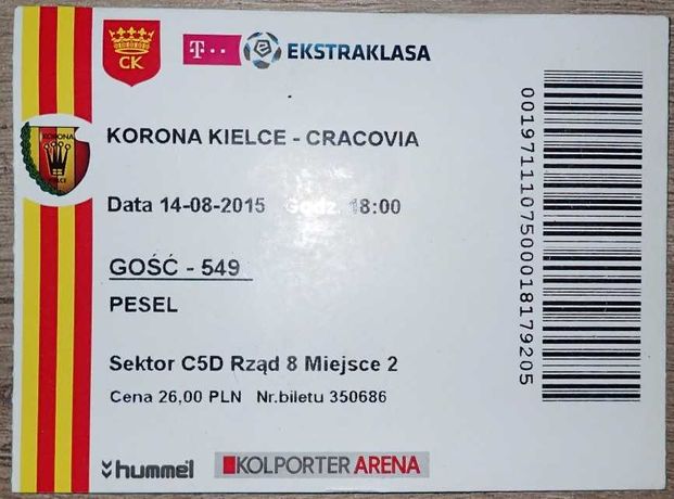 Bilet kolekcjonerski Korona Kielce - Cracovia