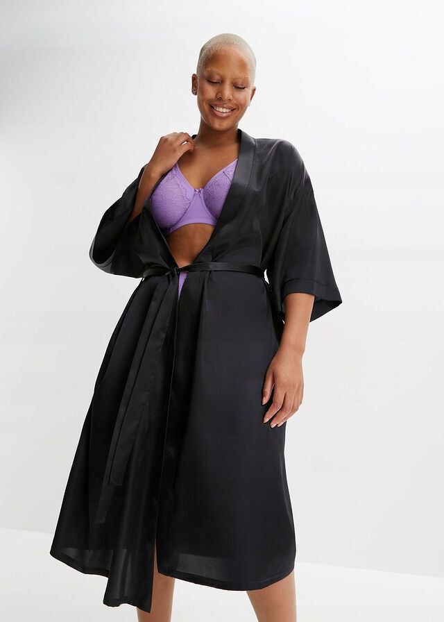 B.P.C kimono czarne szlafrok sexi satynowe midi ^40/42