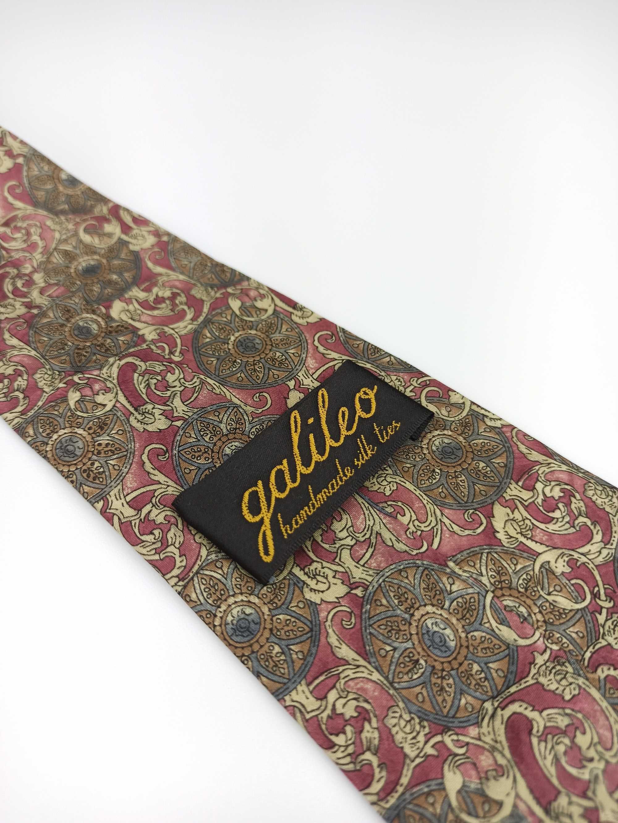 Galileo czerwony kremowy jedwabny krawat we wzory handmade
