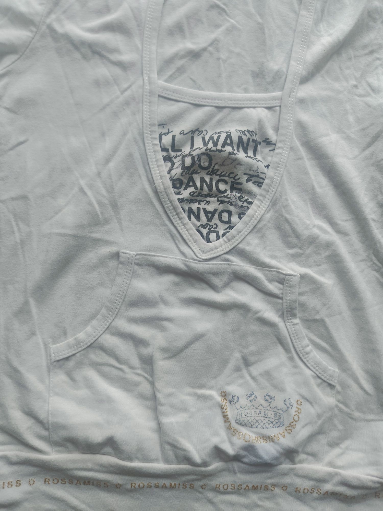 Bluzka t-shirt 40 L biała podkoszulek z kapturem bawełniana złote doda