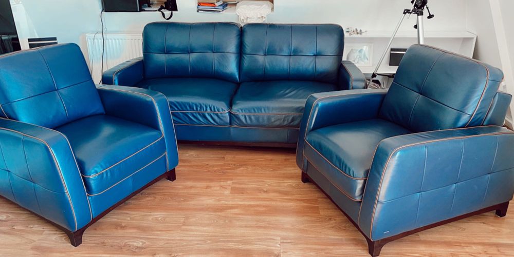 Zestaw wypoczynkowy kler skóra naturalna sofa plus dwa fotele granat