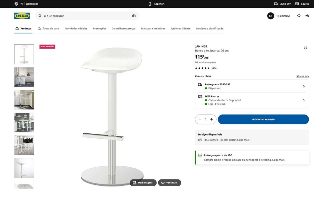 JANINGE - Banco alto, branco, 76 cm