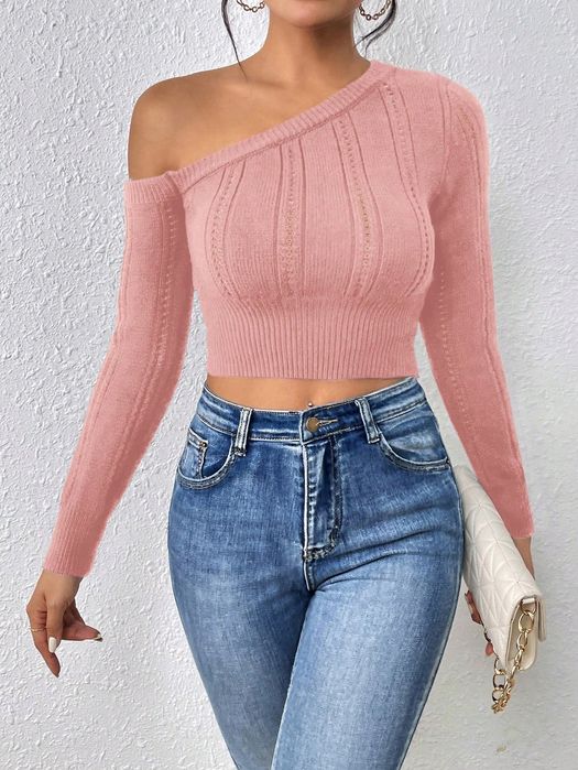 Sweterek Dzianinowy Cropped Na Jedno Ramię Różowy Casual Shein L 40
