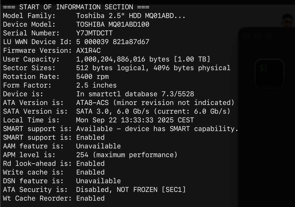 Dysk twardy 2.5" 1TB Toshiba MQ01ABD100, poprawny długi test SMART