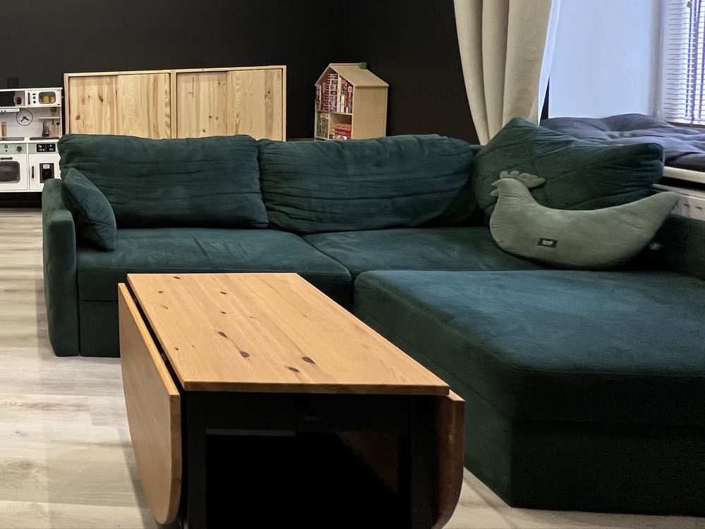 Narożnik butelkowa zieleń. Funkcja spania, dwa pojemniki. Wygodny