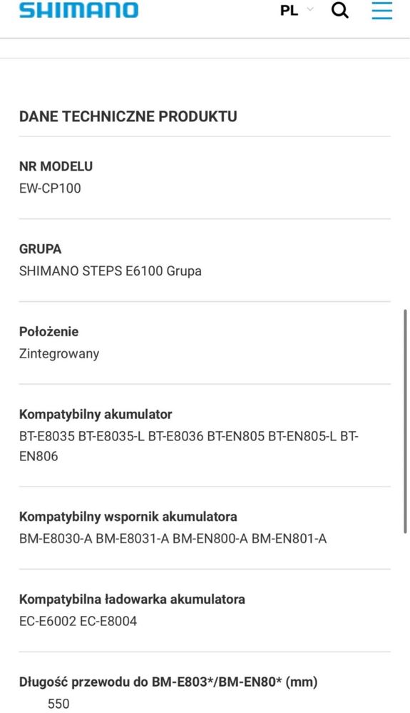 Shimano STEPS EW-CP100 gniazdo port ladowania baterii 550mm