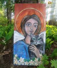 Obraz Anioł z kotem na desce 50 x 25 rękodzieło