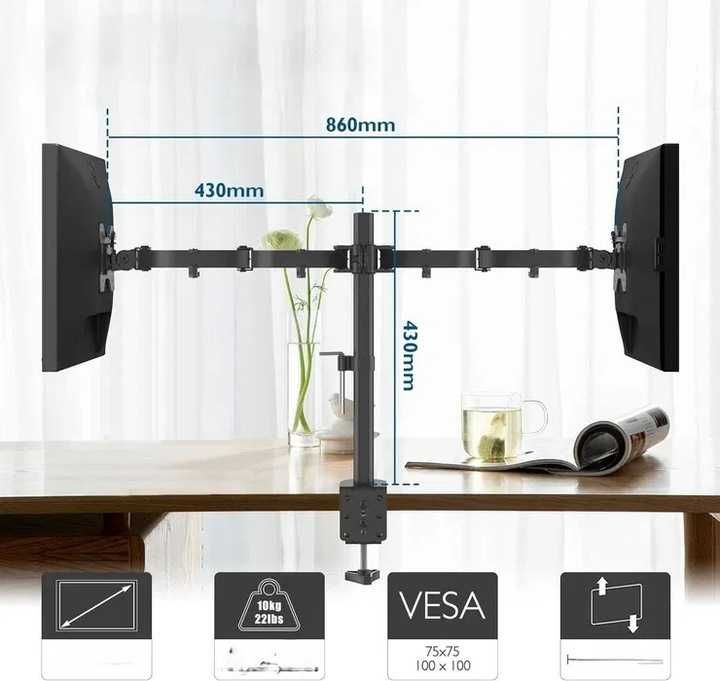 Bontec MDM002 mocny, stalowy uchwyt na biurko z podwójnym ramieniem