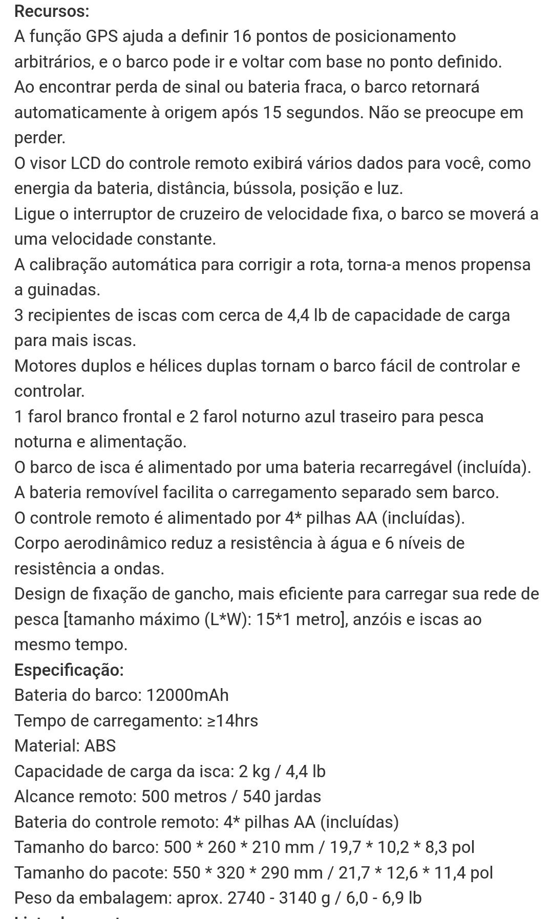 Barco com GPS para transporte de engodo/anzol bateria até 4h e 500 alc
