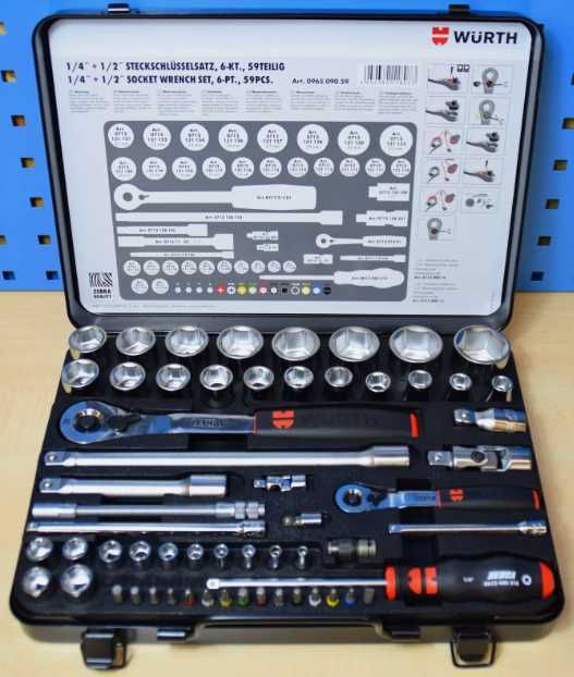 Wurth zestaw kluczy nasadowych 1/2 i 1/4 cala 59 szt kasetka metalowa