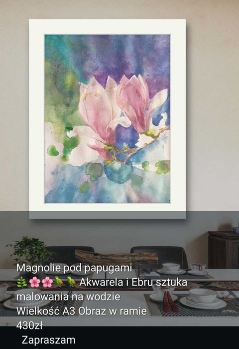 Magnolie pod Papugami Obraz Ebru Akwarela Własnoręcznie wykonany