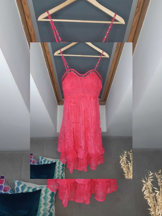 różowy komplet tiulowa sukienka krótkie satynowe bolerko ćwieki S