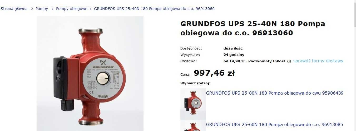 GRUNDFOS UPS 25-40N 180 Pompa obiegowa do c.o.