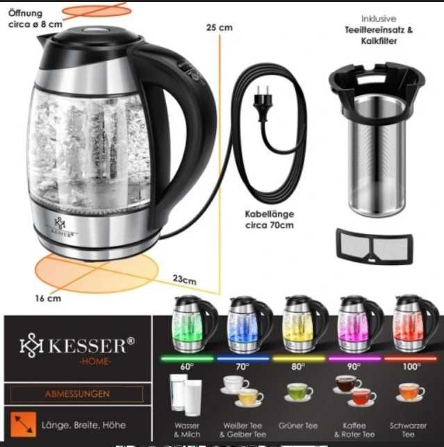 Czajnik elektryczny Kesser Schwarz 2200 W 1,8 l szklany led
