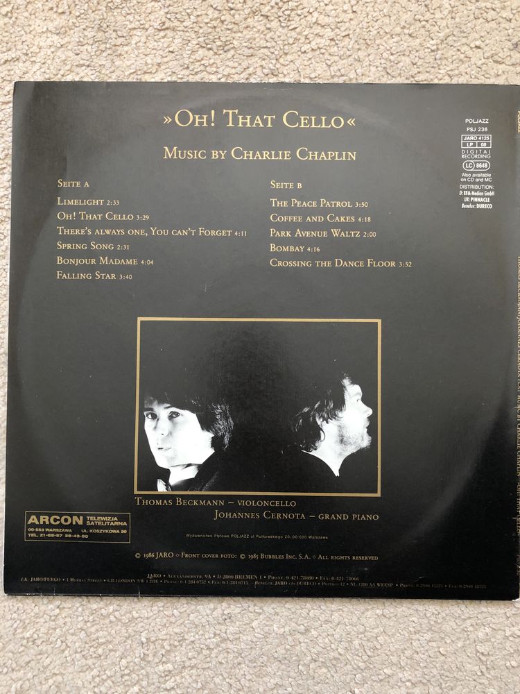 Płyta winylowa oryginalna 1986, Oh! That Cello. Charlie Chaplin.