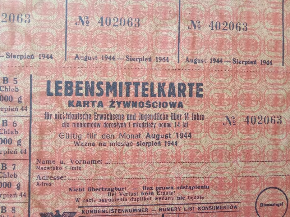 Karta żywnosciowa sierpień 1944 r.