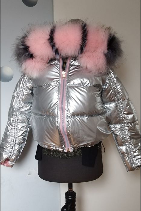Kurtka dwustronna lakierowanea młodzieżowa srebrna różowa z kapturem