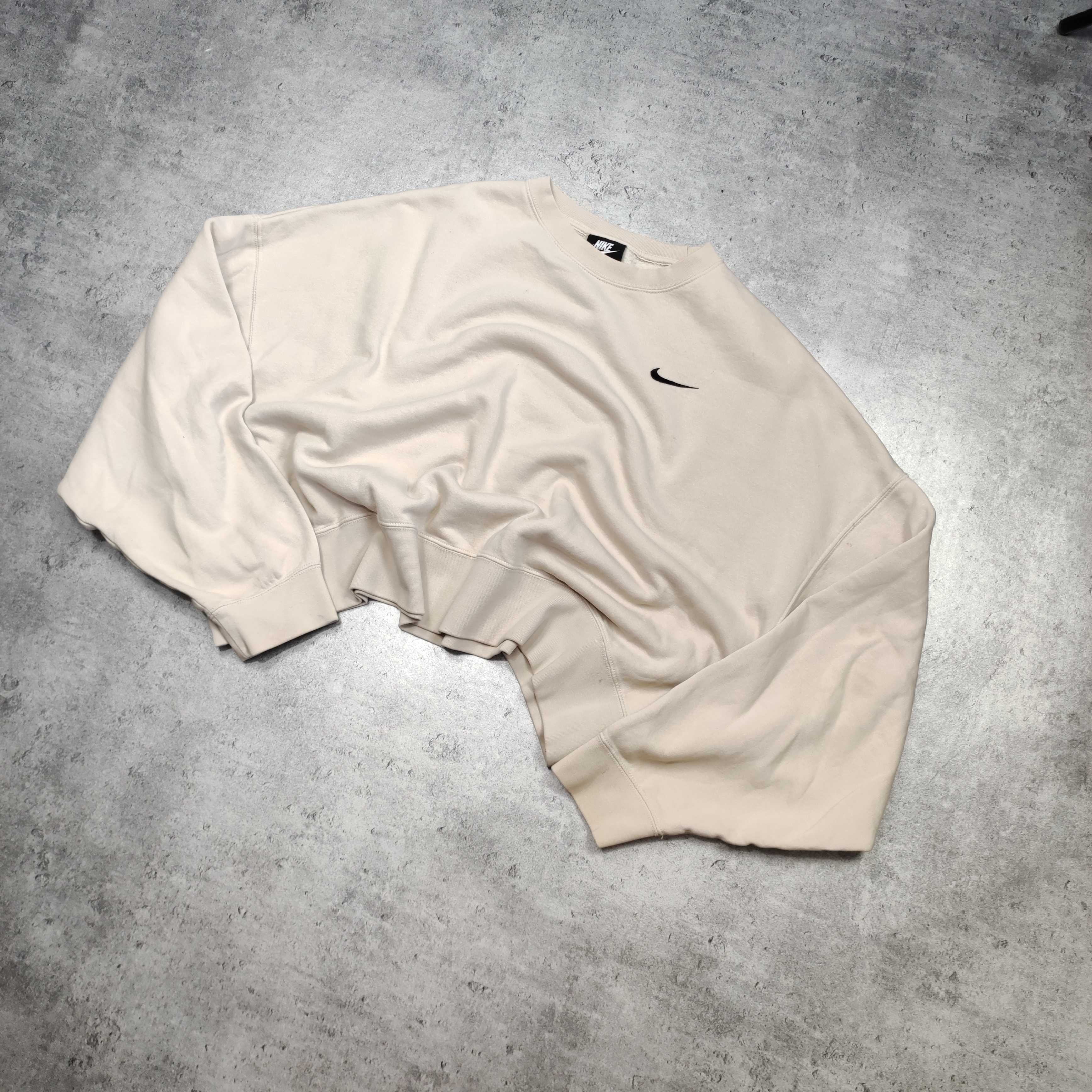 DAMSKA Bluza Bawełniana Crewneck Nike Crop Krótka Szeroka Beżowa Haft