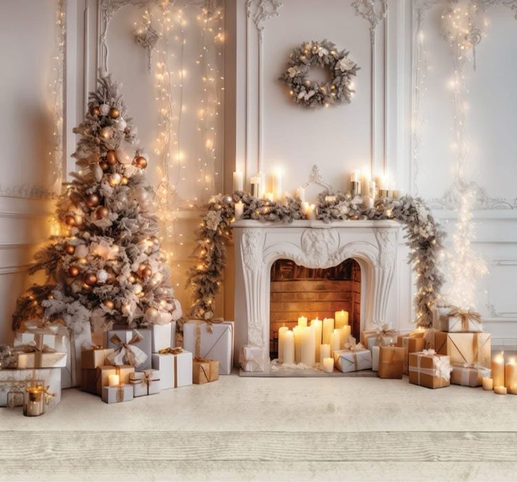 Tło fotograficzne materiałowe boże narodzenie z kominkiem jasne piękne