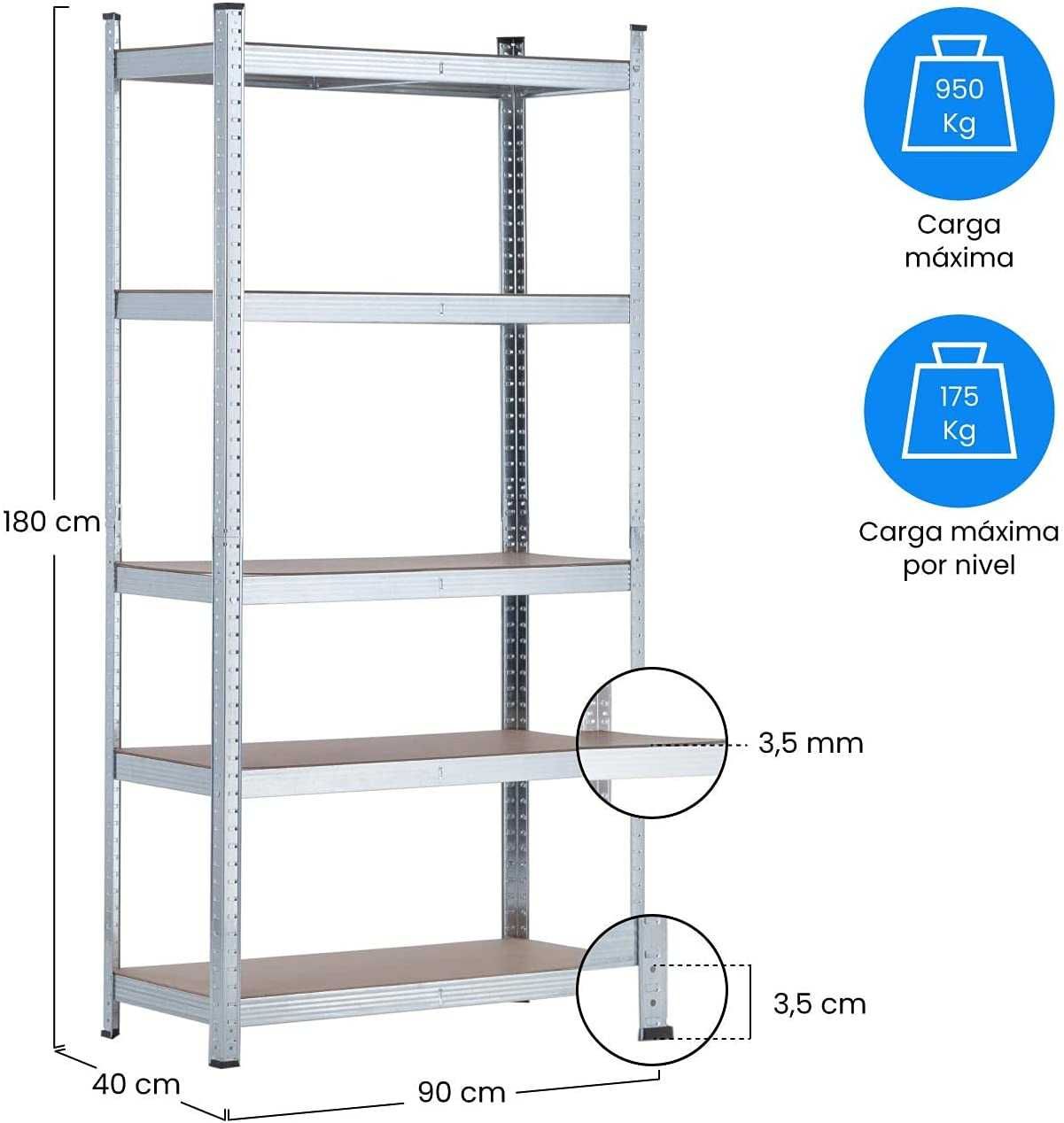 Estante com 5 prateleiras, 180 x 90 x 40 cm - Nova