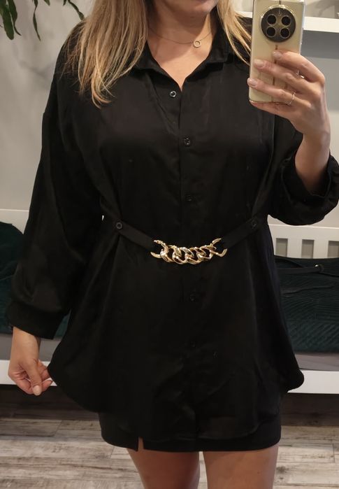 Bluzka koszula elegancka satynowa Shein 2XL czarna że zdobieniem
