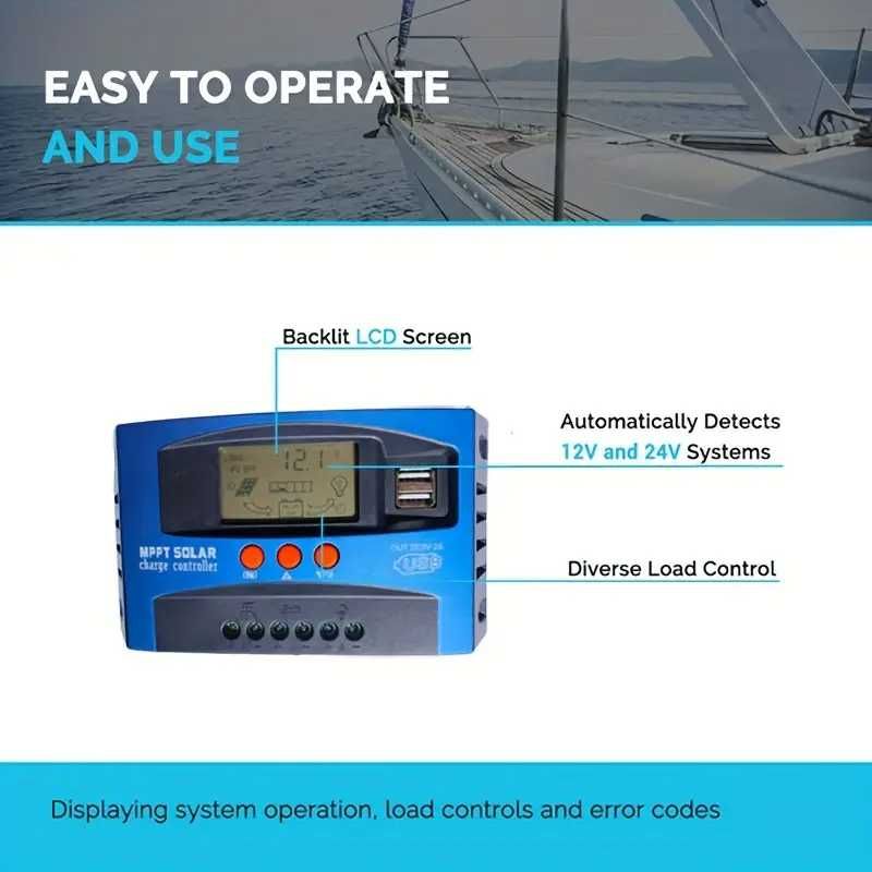 Controlador de Carga Solar MPPT 100A, 12V/24V  DC  LCD Duplo USB